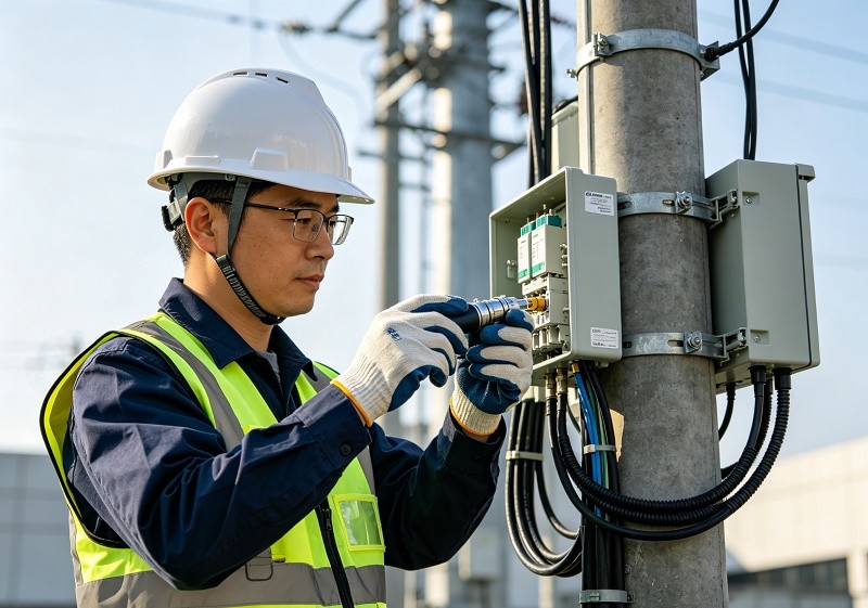 A network engineer inspecting a hardline connector on an outdoor tap.