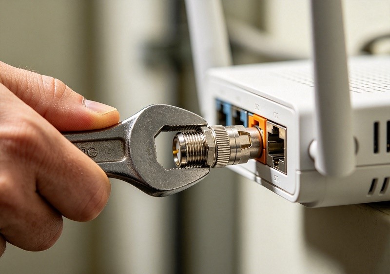 A locking F-connector being installed with a security tool