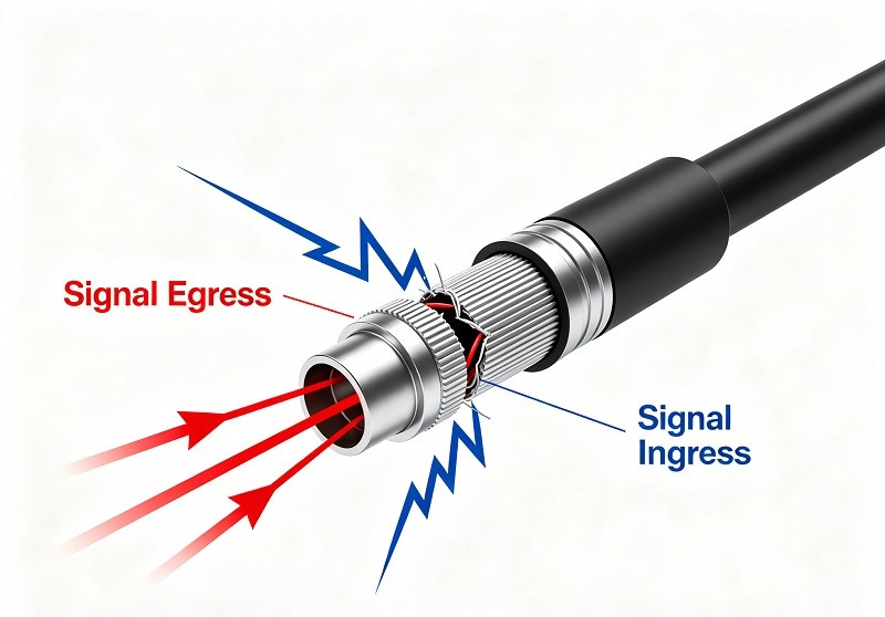 A diagram showing how a loose F-connector allows signal ingress and egress