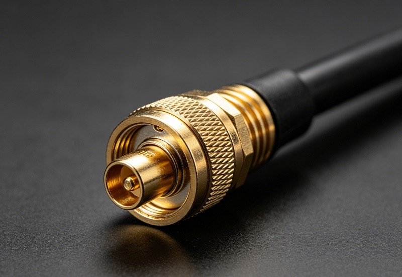 A close-up of a male F-type connector on a black coaxial cable