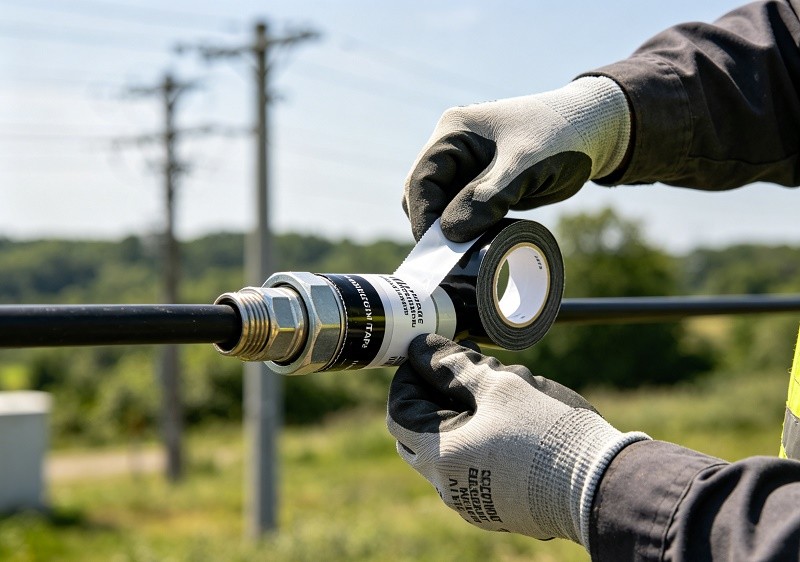 Technician wrapping a hardline connector with weather-proofing tape