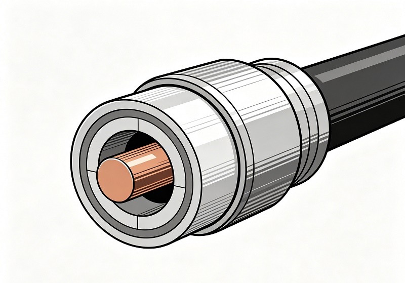 Diagram showing the cross-section of a hardline connector on a coaxial cable
