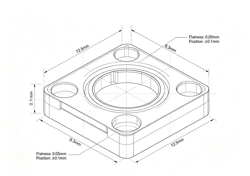 SLA 3D Printed Part Technical Drawing With Tolerances
