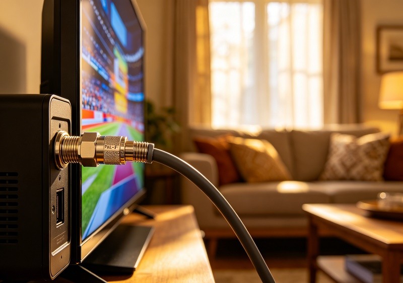 A person connecting an antenna cable to the back of a television
