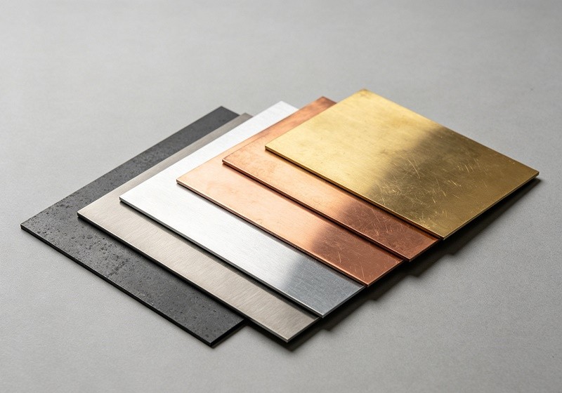 A display of various metal samples including steel, aluminum, copper, and brass