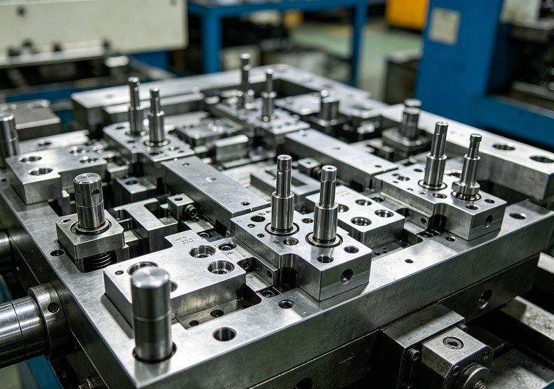 A complex progressive stamping die with multiple stations