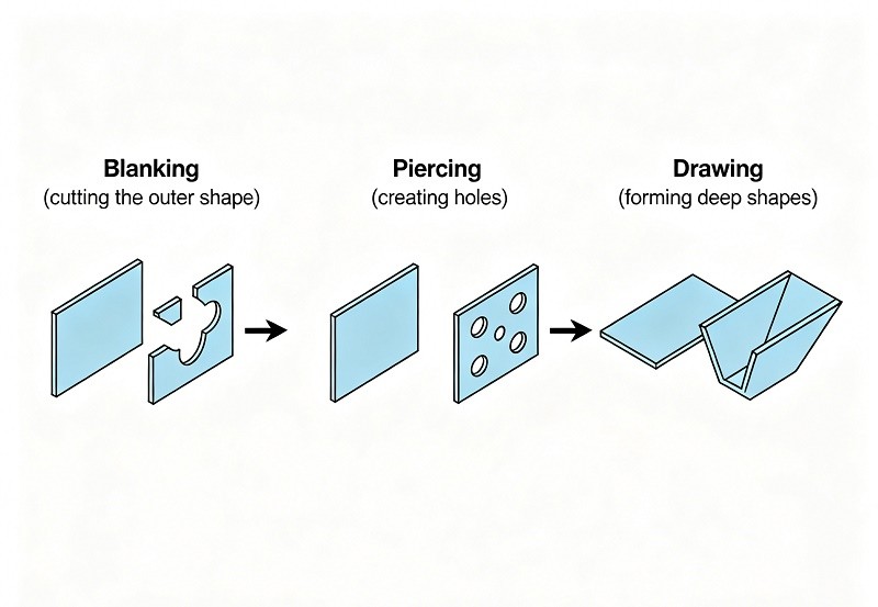 Diagram illustrating different metal stamping techniques like blanking, piercing, and drawing