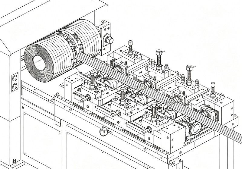 Sheet metal being formed in a progressive die stamping press