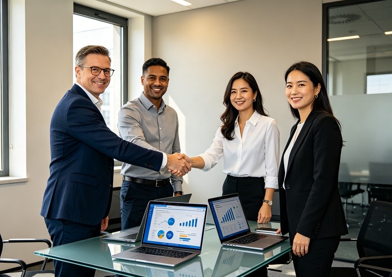 Team of engineers and suppliers collaborating around a table