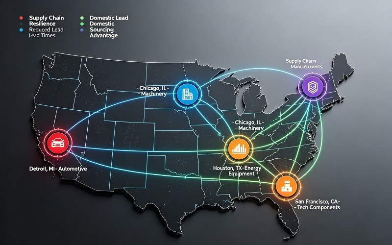 Map of the United States highlighting logistical routes and manufacturing hubs.
