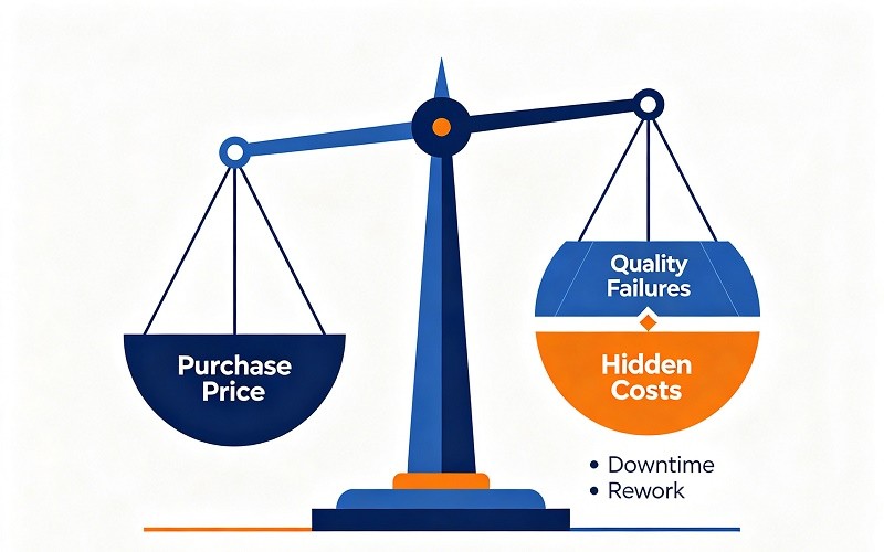 A diagram showing how Total Cost of Ownership (TCO) includes not just the purchase price but also costs related to quality, delivery, and lifecycle management.