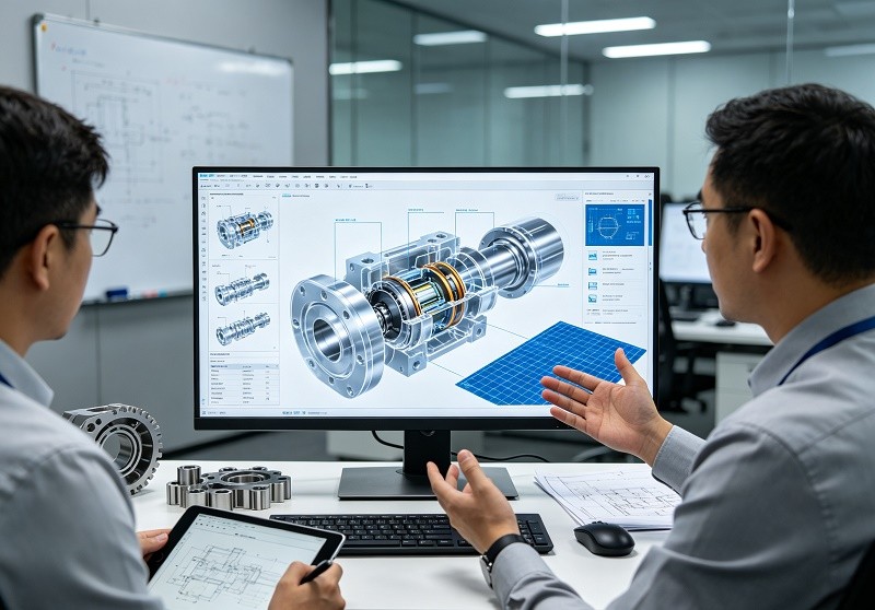 A collaborative meeting between engineers and a CNC supplier, discussing a CAD model on a screen.