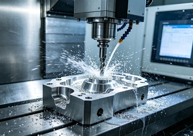 A modern 5-axis CNC machining center in operation, showcasing its rotational capabilities.