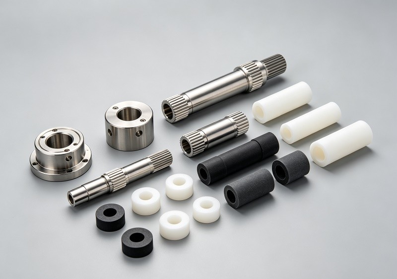 A collection of CNC turned parts made from diverse materials like aluminum, steel, titanium, PEEK, and Delrin