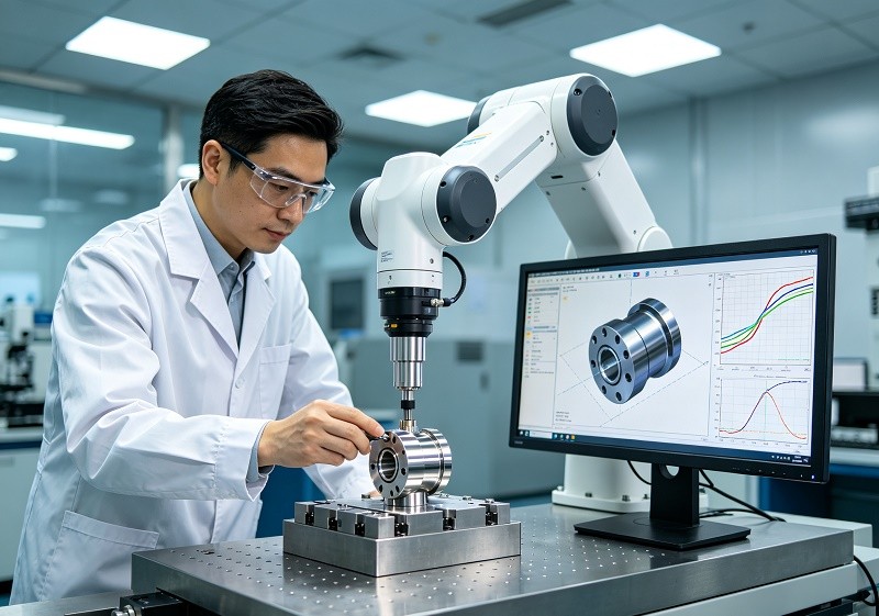 A quality control engineer inspecting a CNC turned part with a CMM machine