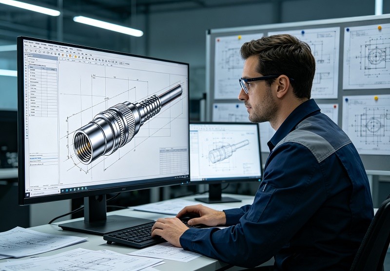 An engineer reviewing a CAD drawing of a custom hardline connector design