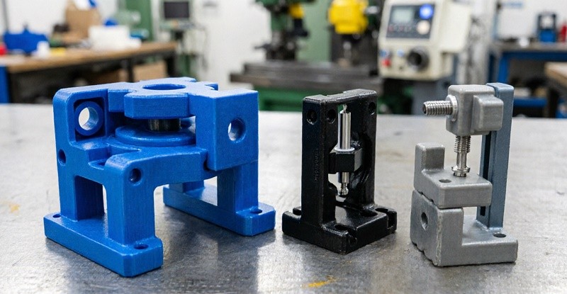 A collection of 3D printed manufacturing aids, including a complex blue assembly jig, a black drill guide, and a gray inspection fixture, demonstrating their use on a factory floor.