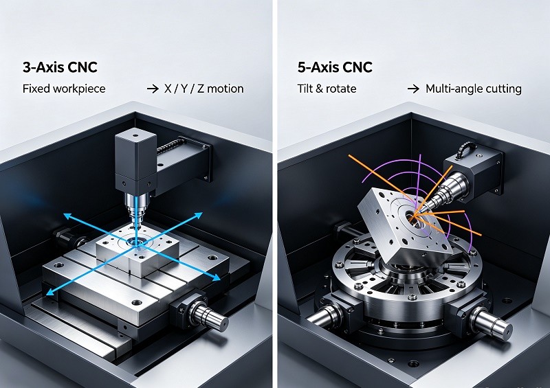 5-axis CNC machining center cutting complex metal parts with precision