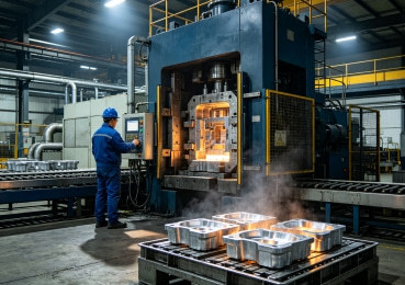 Precision die casting machine and mold operation at SOMI Custom Parts manufacturing facility