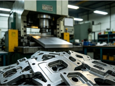 Precision metal stamping press operation at SOMI Custom Parts manufacturing facility