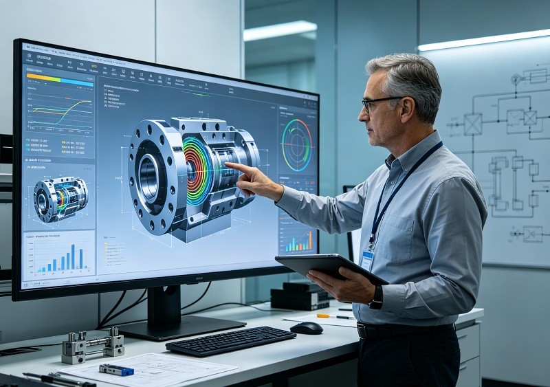 Manufacturing engineer reviewing digital twin simulation of CNC machining process