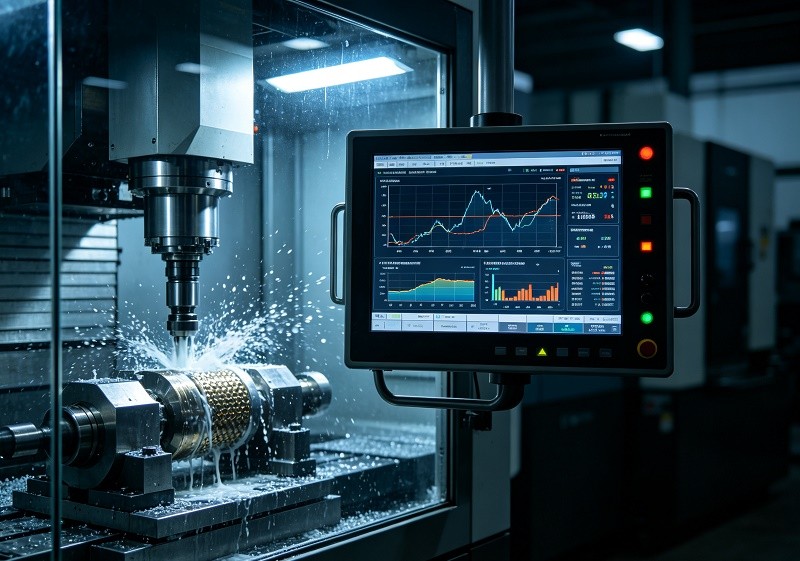 CNC machining simulation showing digital twin virtual verification on computer monitor