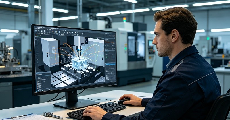 Digital twin simulation software for CNC machining operations on computer screen