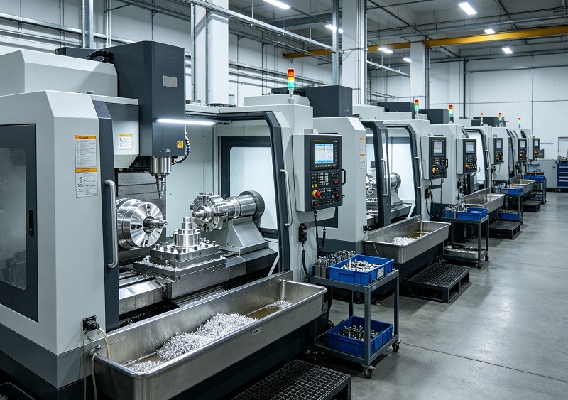 CNC workshop with precision machining equipment for stainless steel parts manufacturing