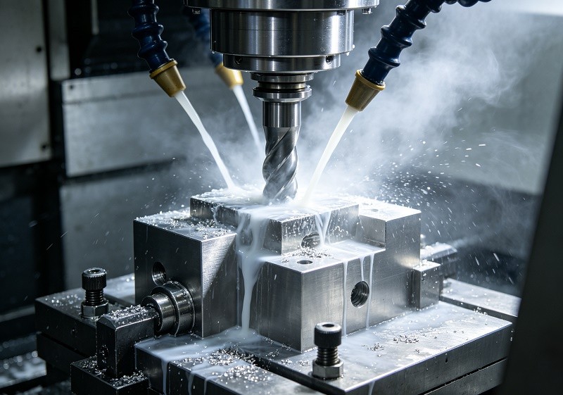 CNC machining center cutting stainless steel precision aerospace parts with coolant