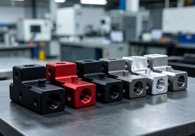 CNC machined parts with various surface finishing options including anodizing and powder coating