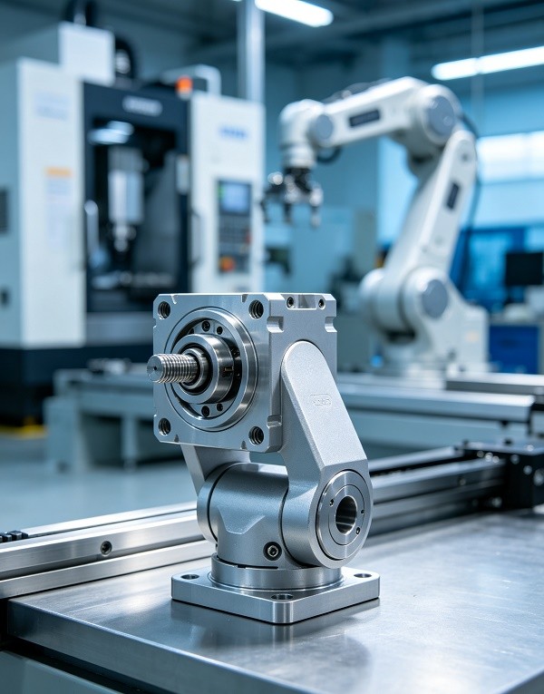 Precision CNC machined robotic arm component in modern manufacturing facility