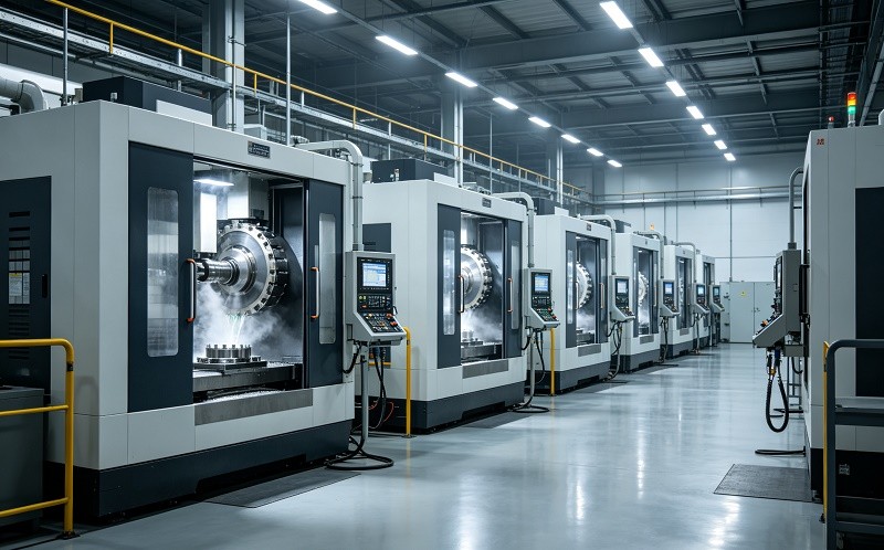 CNC machining factory floor with modern milling machines and precision manufacturing equipment