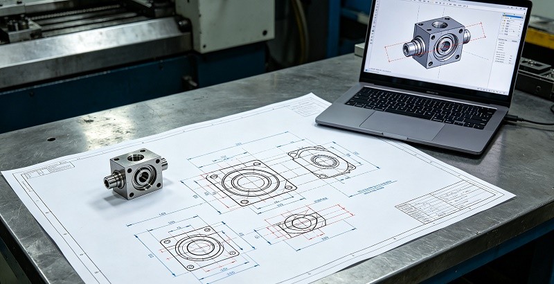 Engineering drawing and CAD model for precision CNC machining