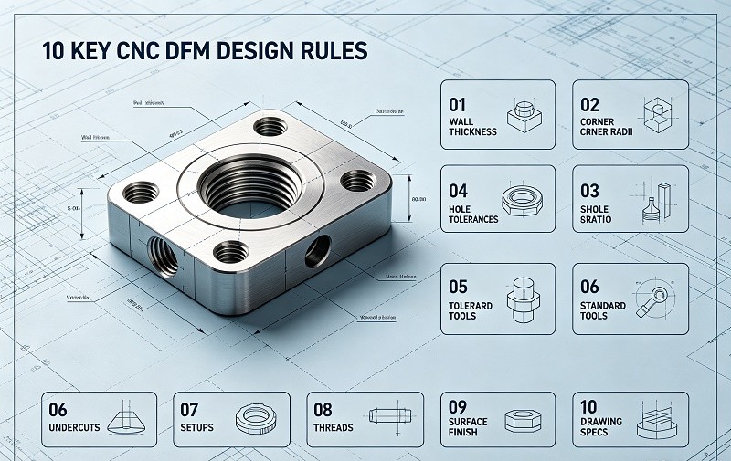 CNC machining DFM design review of a machined aluminum part in a precision workshop