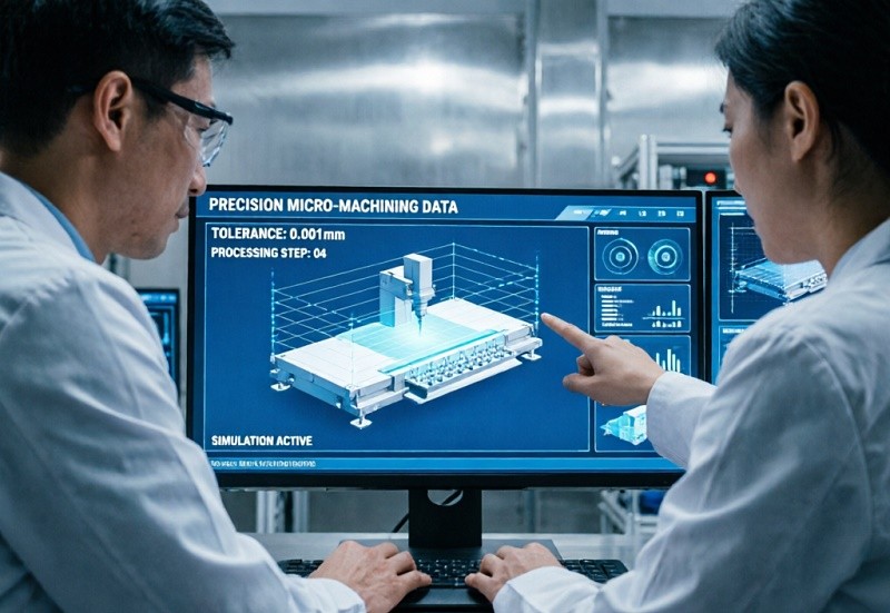 Engineers reviewing precision micro machining CAD data on a workstation
