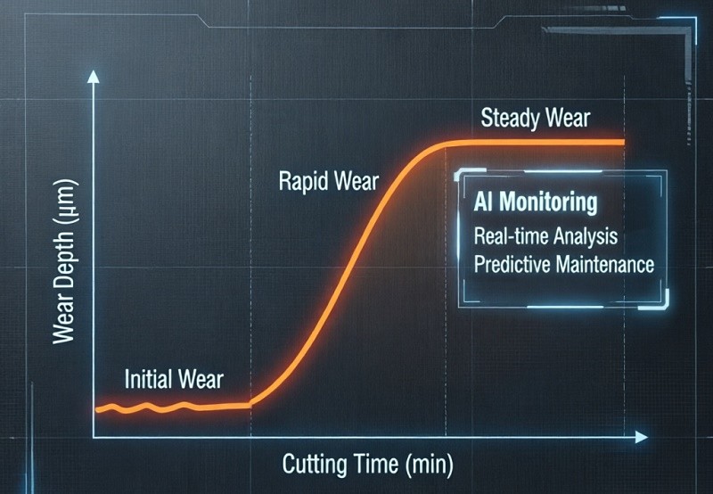 Three stage tool wear curve with AI monitoring window according to ISO 3685