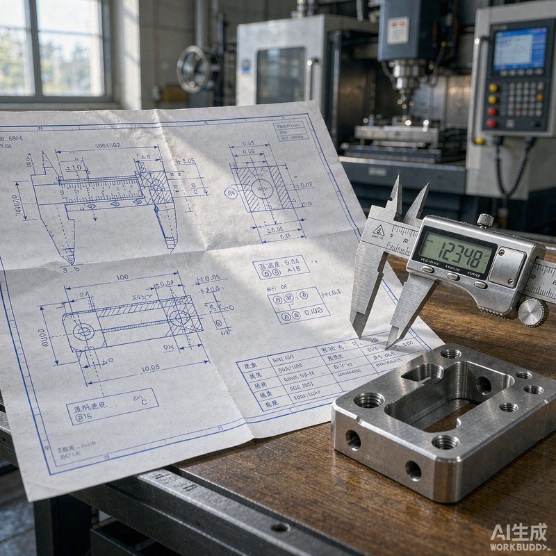 Engineering drawing with GD&T tolerances for CNC machining parts
