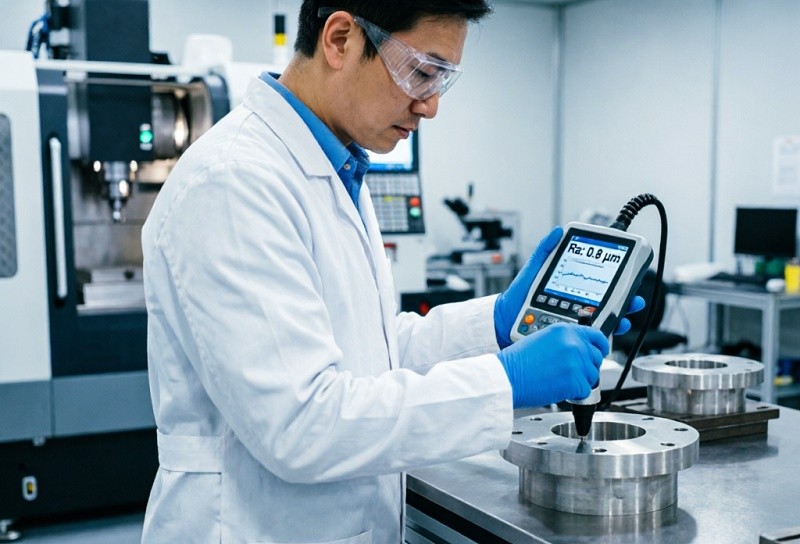 Quality engineer measuring CNC surface roughness with a portable profilometer in a precision machine shop