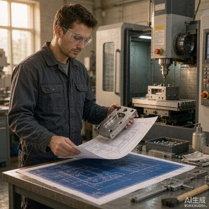 Engineer reviewing a CNC machining design drawing against a finished machined part in a precision machine shop
