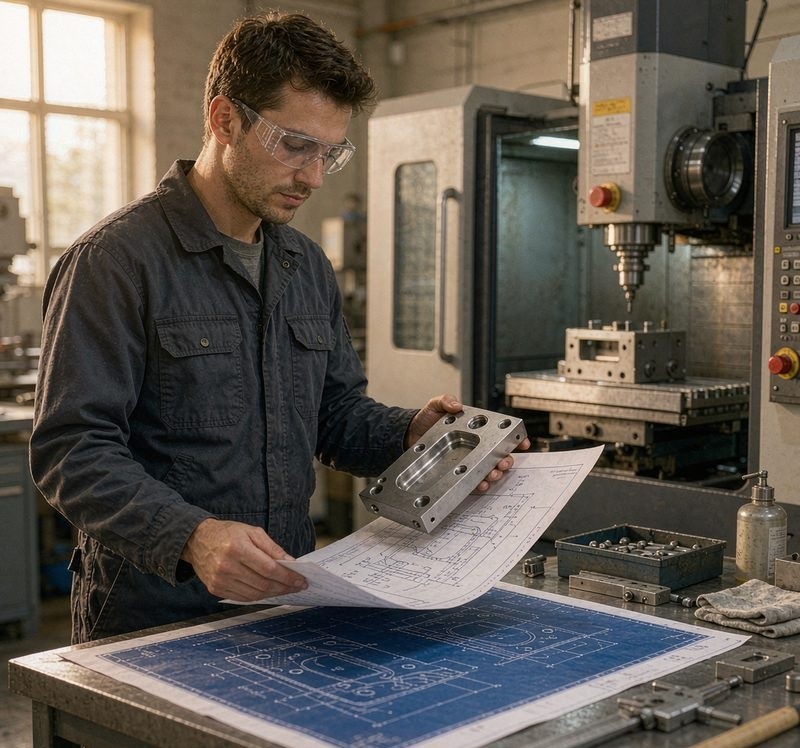 Engineer reviewing a CNC machining design drawing against a finished machined part in a precision machine shop