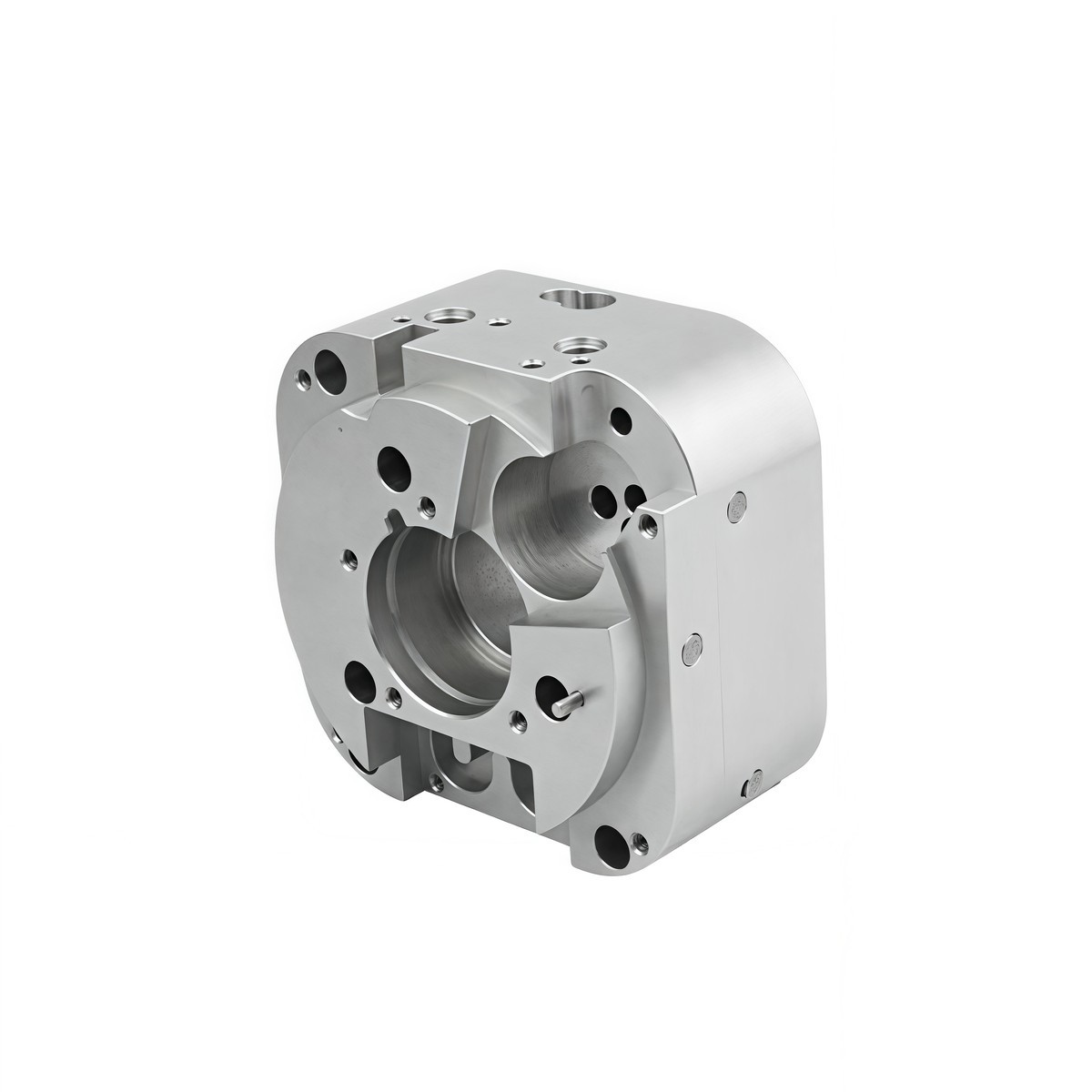 Complex machined metal housing with multiple precision features