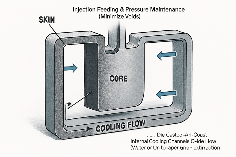 Die Casting Solidification Microstructure Cross-section of a die cast part showing the fine-grained skin and core