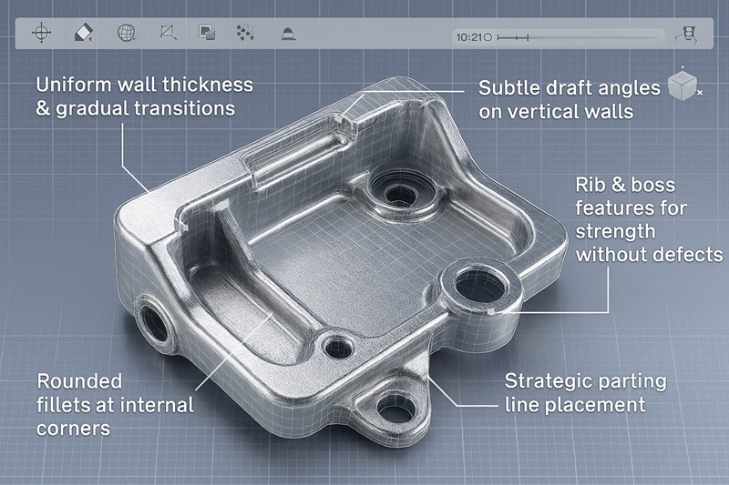 Design for Manufacturability in Die Casting A CAD model of a die cast part showing DFM principles like draft angles and fillets