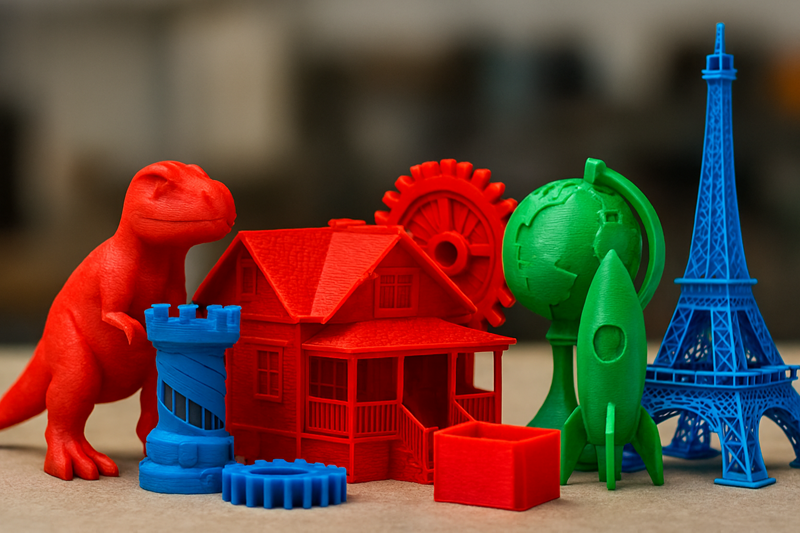A collection of colorful 3D prints made from PLA filament