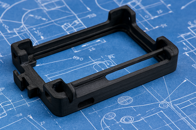 A black, functional 3D printed part made from ABS filament