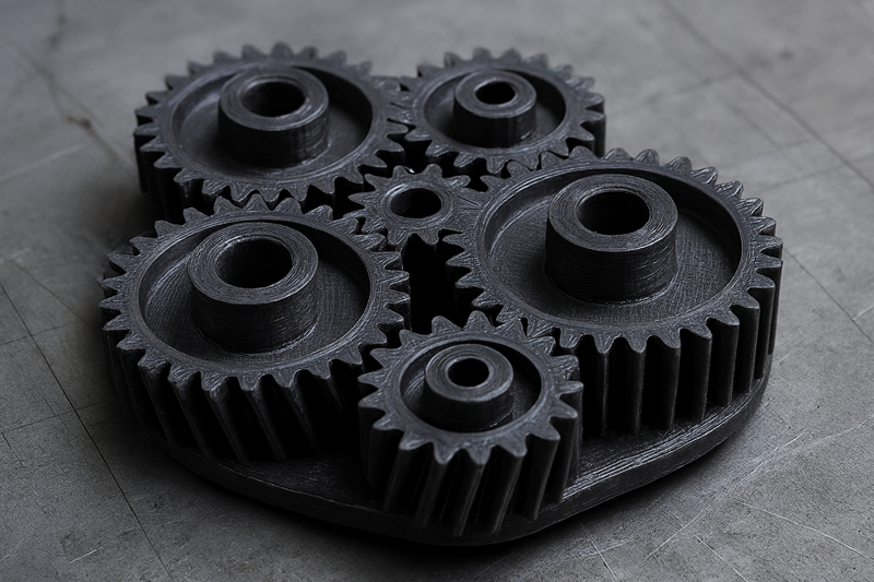 An intricate, 3D printed gear system made from POM filament