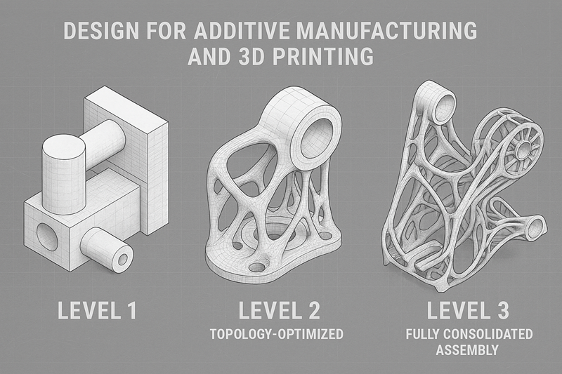 A visual comparison of a traditionally designed part, a topology-optimized part, and a fully consolidated assembly representing the three levels of DfAM