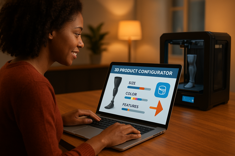 A visual showing a customer using a web configurator to customize a product, leading to an automated 3D print file generation.