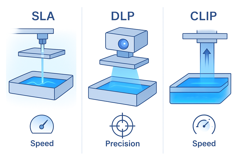 A comparison graphic showing the difference between SLA (point laser), DLP (projected layer), and CLIP (continuous process)