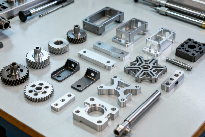 A collection of various custom-designed small-batch CNC milled parts arranged on a table.